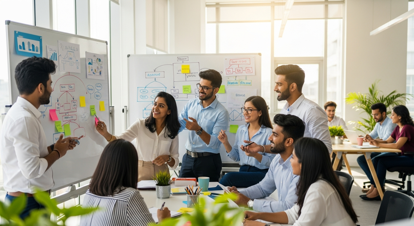 "A diverse team of professionals collaborating in an open office, symbolizing teamwork and effective execution in business expansion."